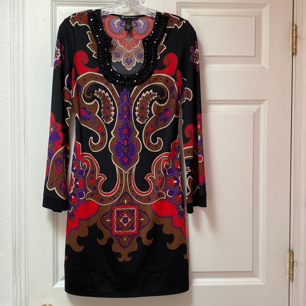 INC Petite jeweled-neckline groovy boho dress